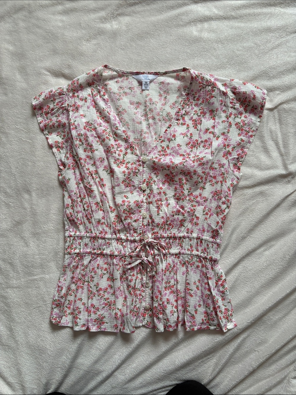 Light Pink Floral V-Neck Drawstring Waist Top - Women XS